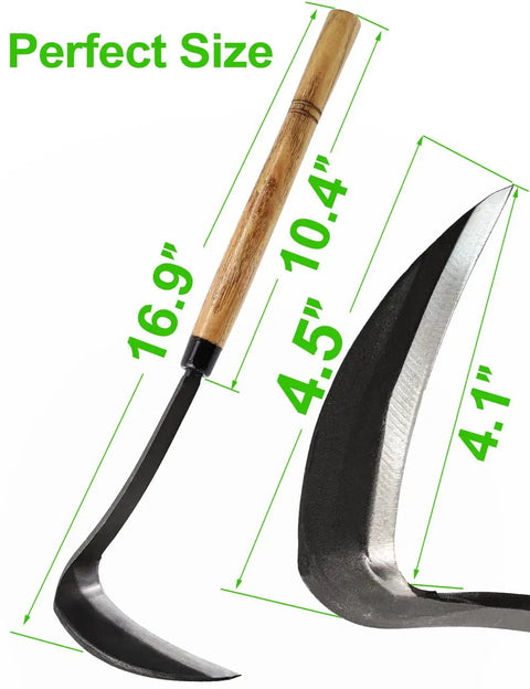 17 Inch Sickle Hoe Hand Weeder With Kama Blade High Carbon Steel One Piece Tool Hardwood Handle Sharp Edge For Quick Weed Removal