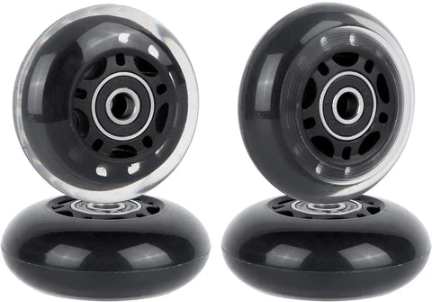 64mm Inline Skate Wheels 82A With ABEC 9 Beefy Bearings 4 Pack, black, shown in an upright position for Rollerblade and more