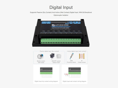 8 Channel ESP32 S3 WiFi Relay Module With Onboard RS485 Digital Inputs Relay Outputs Ethernet Port And Multiple Isolation Protection Circuits for industrial automation, showcasing digital inputs and wiring diagrams.