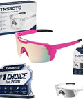 Kickass Impact Resistant Photochromic Polarized Safety Glasses Featuring Adaptive UV400 Lenses in pink and clear, with retail packaging and award display.