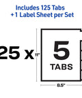 Diagram showing 5 Tab Unpunched Dividers For Any Binding System With Easy Print And Apply Clear Label Strips, 25 sets, size 8.5x11".