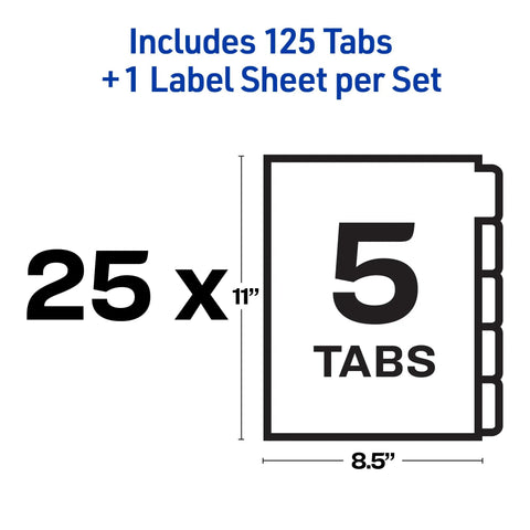 Diagram showing 5 Tab Unpunched Dividers For Any Binding System With Easy Print And Apply Clear Label Strips, 25 sets, size 8.5x11".