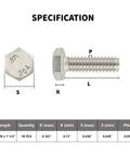 Detailed diagram of 304 stainless steel hex bolts showing dimensions and specifications for secure mounting applications.