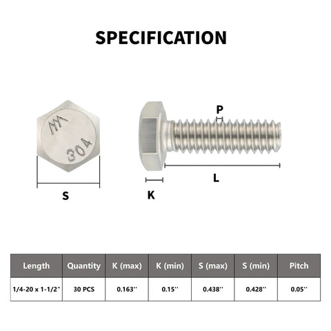 Detailed diagram of 304 stainless steel hex bolts showing dimensions and specifications for secure mounting applications.