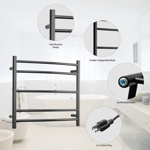 Black Wall Mounted Electric Towel Warmer Rack With 5 Bars Stainless Steel Heated Towel Holder 40W 120V in bathroom