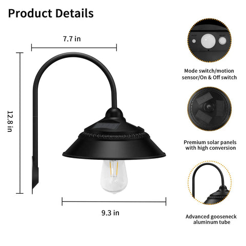 Solar Barn Light Outdoor Wall Sconce With Motion Sensor And 3 Lighting Modes Waterproof Farmhouse Style For Chicken Coops Garages And Sheds No Fuss Easy Solar Power Ready with gooseneck design and dimensions.