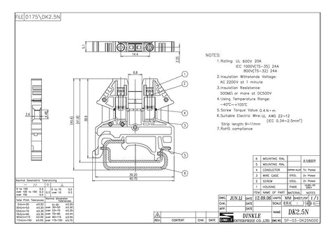 Technical drawing of White DK2.5N-WE DIN Rail Terminal Block Screw Type 600V 20A 12-22AWG Pack Of 50 for electrical connections.