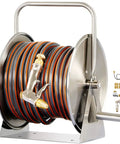 Heavy Duty Stainless Steel Garden Hose Reel Cart Set With Forty Meter Outdoor Water Hose Rolls Straight featuring 40m hose and nozzle.