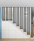 Heavy Duty Wrought Iron Stair Handrail With L Shaped Bracket Rock Solid Galvanized Steel Staircase Railing Ceiling Mount Guardrail For Lofts 4 Ft Pro Setup, modern design with black wrought iron posts.