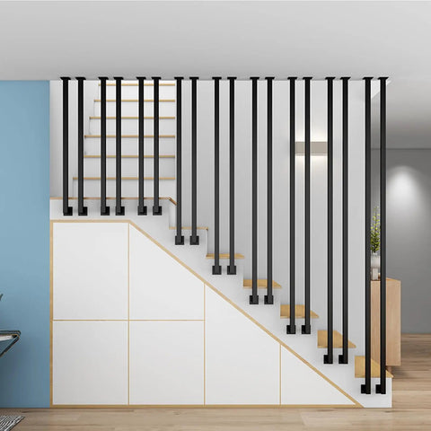 Heavy Duty Wrought Iron Stair Handrail With L Shaped Bracket Rock Solid Galvanized Steel Staircase Railing Ceiling Mount Guardrail For Lofts 4 Ft Pro Setup, modern design with black wrought iron posts.