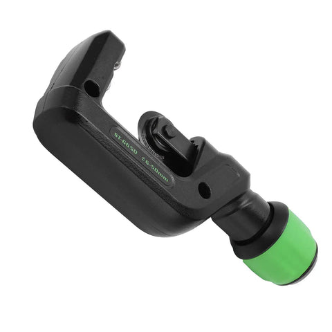 Precision Manual Pipe Cutter With Six Roller Bearings for 6 to 50mm pipes, aluminum alloy body and adjustable knob, angled view.