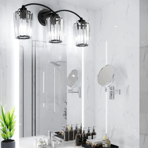 Crystal Vanity Light Fixture For Bathroom Modern Black Vanity Lights With Elegant Crystal Accents E26 Base above mirror