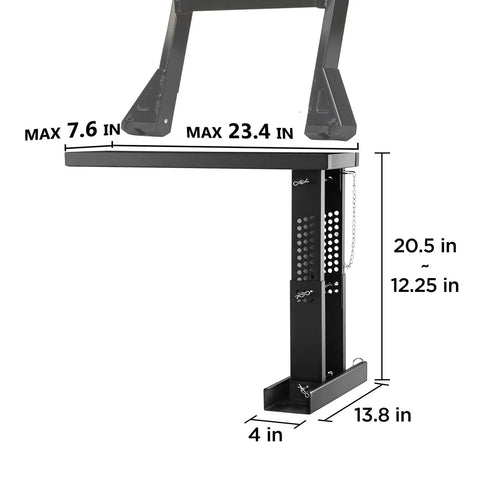 Sturdy Ladder Extender And Stabilizer For Stair Work with adjustable height 12.25 to 19.7 inches, dimensions and chain pin lock shown