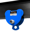 Half Ton Steel Push Beam Trolley for I-Beam, 1100 Lbs Capacity, blue manual trolley crane installed on beam