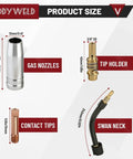 MIG Welder Gun Parts Kit 28 Pcs Titanium For Binzel Style AK15 Neck 0.030 Inch 0.8mm Tips Nozzles Tip Holders Swan Neck Pro Grade Gear For Durable Welds And Easy Repairs: product size diagram