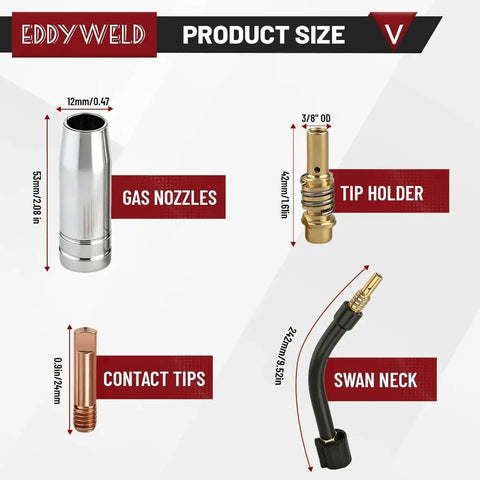 MIG Welder Gun Parts Kit 28 Pcs Titanium For Binzel Style AK15 Neck 0.030 Inch 0.8mm Tips Nozzles Tip Holders Swan Neck Pro Grade Gear For Durable Welds And Easy Repairs: product size diagram