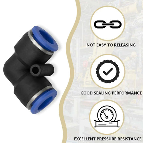 10 Pack 10mm 90 Degree Push In Elbow Pneumatic Fittings; plastic adapters showing sealing and pressure resistance qualities.