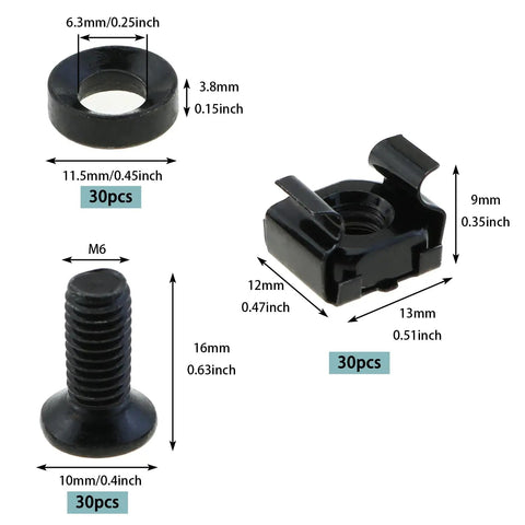 Heavy Duty Rack Mount Snap On Nut Screws With Washers 30 Piece Set components showing nylon washers and M6 screws.