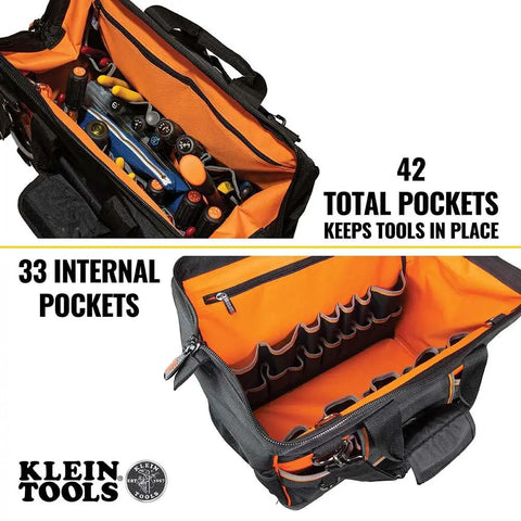 Tradesman Pro Wide Open Tool Bag With 1680 Ballistic Weave Molded Bottom Detachable Shoulder Strap Stay Open Top Bright Orange Interior