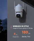 360 PTZ Outdoor WiFi Security Camera With 2K Video mounted on wall at night, showcasing wireless charging and long standby time.