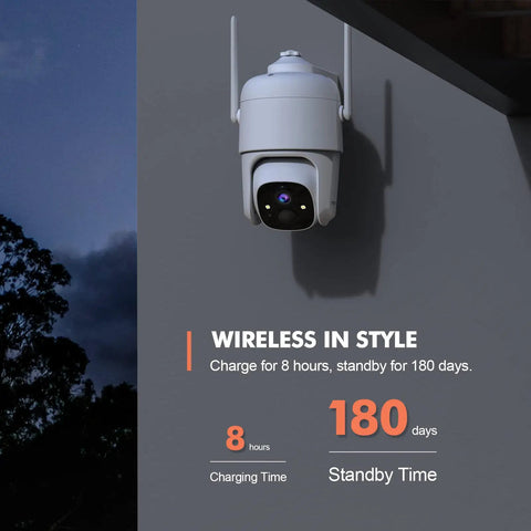 360 PTZ Outdoor WiFi Security Camera With 2K Video mounted on wall at night, showcasing wireless charging and long standby time.
