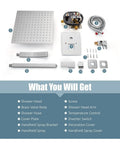 Polished Chrome 12 Inch Ceiling Mount Shower System With Rain Shower Head And Handheld Spray Luxury Shower Combo With Pressure Balance Valve Shower Trim Included For Bathroom Upgrade, components laid out