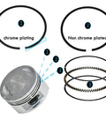 Gy6150 57.4mm Cylinder Kit showing piston, chrome-plated, non-chrome rings for GY6 157QMJ 152QMI 125cc 150cc scooters and ATVs.