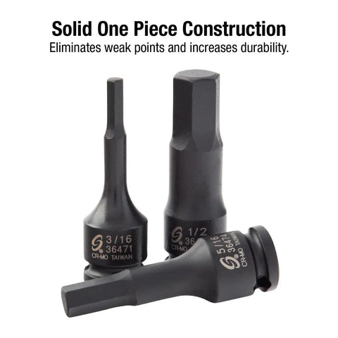 Impact Hex Driver Set 13-Piece 3/8 Inch Drive SAE And Metric CR-MO steel pieces close-up, showcasing solid construction.