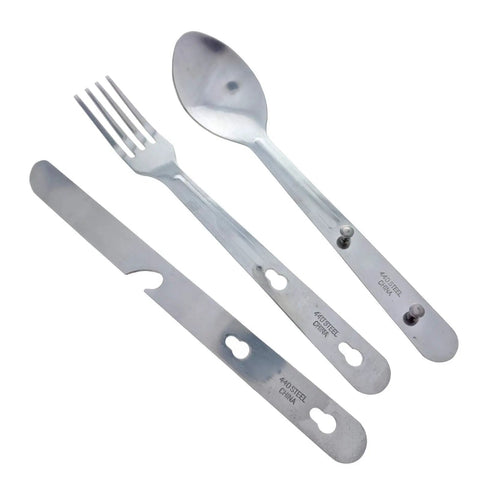 2 Pack Minimalist Camp Kitchen Utensil Set With Clip Together Knife Fork Spoon Lightweight Army Style MRE Chow Gear For Hiking And Camping, Includes Can Opener on white background