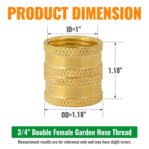Double Female Garden Hose Connector 3/4 Inch Brass Swivel Adapter With Washers No Fuss Quick Connect Durable Outdoor Hose Fittings For Easy Leak Free Attachments To Most Standard Hoses. Brass 3/4 in hose connector size chart