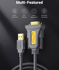 6 Foot USB To Serial Adapter With DB9 Male Port And PL2303 Chipset For RS232 USB Cable features and connectors on black background