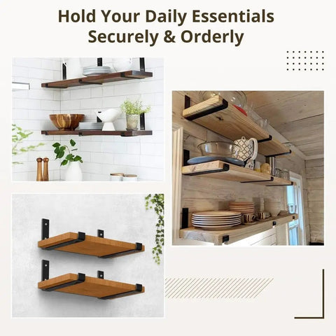Heavy Duty L Shaped Shelf Brackets 4 Pack Black Wall Mount Corner Supports mounted with wooden shelves showcasing kitchen items.
