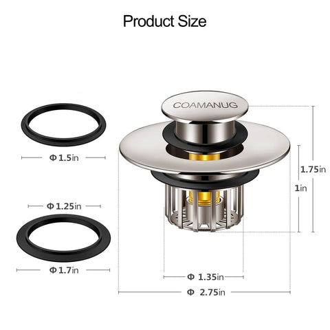 Tough As Nails Pop Up Tub Stopper With Integrated Hair Catcher And Fine Mesh Strainer dimensions and components diagram.