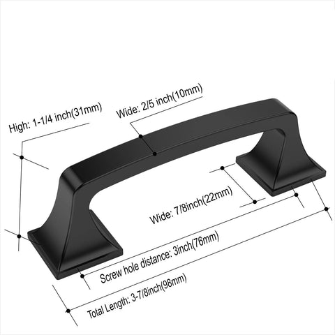 Diagram of 10 Pack Matte Black 3 Inch Hole Centers Cabinet Pulls showing dimensions in solid zinc alloy for kitchen drawers and doors.