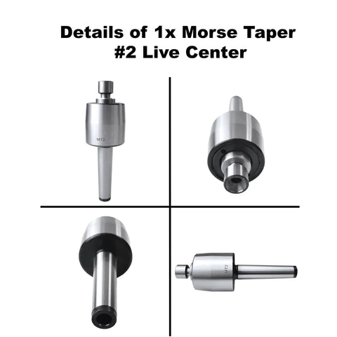 MT2 Medium Duty Live Center Set for Lathe Tailstock 2MT Morse Taper Revolving Center, front and side view, silver finish