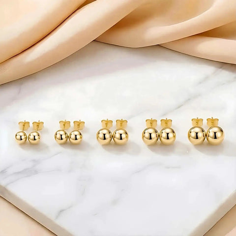 Five Piece Gold Ball Stud Earrings Set For Women Including 3mm 4mm 5mm 6mm And 7mm Sizes, 14K Gold Plated With 316L Steel Pins, Super Versatile Everyday Earrings, five pairs arranged by size