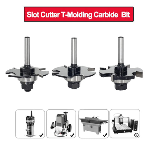 Three Piece Slot Cutter Router Bit Set With One Quarter Inch Shank Four Flute Nine Sixteenths Inch Cutting Depth Carbide Tip