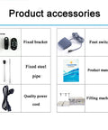 Pro Grade Automatic Liquid Filling Machine Double Head Stainless Steel Bottle Dispenser accessories including brackets and foot switch.
