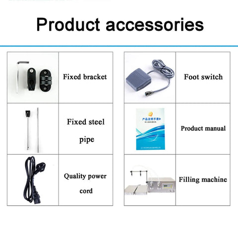 Pro Grade Automatic Liquid Filling Machine Double Head Stainless Steel Bottle Dispenser accessories including brackets and foot switch.