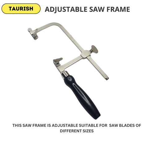 German Style Jeweler's Saw Frame With 144 Assorted Blades Adjustable Tension Great For Woodworking Jewelry Making Crafting And Hobby Projects Provides Versatile Cutting For Small Details And Fine Artwork adjustable frame visible against white background