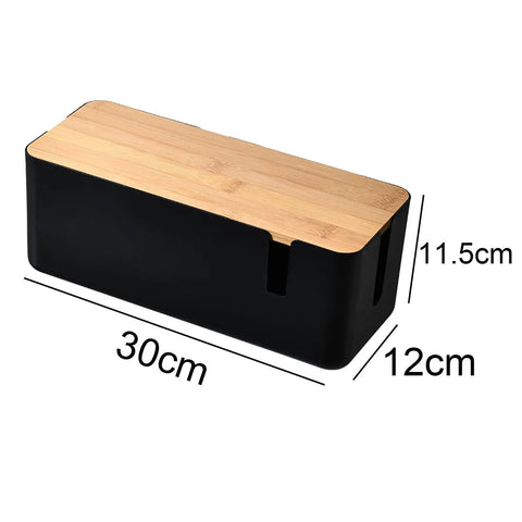 Bamboo Lid Cable Management Box Hide Cords and Surge Protectors for Home and Office 12 Inch Long Black Roomy Enough