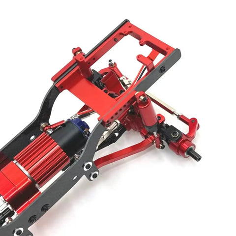 Close-up of Heavy Duty Metal RC Car Chassis Frame Upgrade Kit for MN D90 D91 D96 D98 99s Crawler Trucks Red showing components
