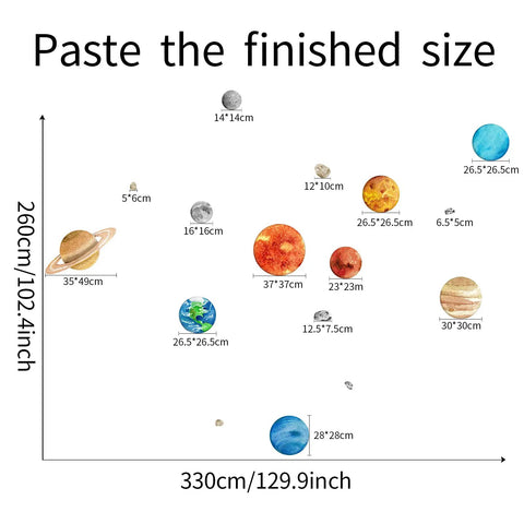 Solar System Wall Stickers For Kids Large Planet Wall Decal Space Room Decor For Bedroom Classroom Playroom Nursery Non Toxic Vinyl With Matte Finish with finished size dimensions.