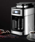 Legit Automatic Drip Coffee Maker With Built In Burr Grinder Smart Temp Control Programmable Timer Dual Powder Function And One Touch Brew For Home Office on a black background, featuring a glass coffee reservoir.