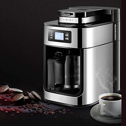 Legit Automatic Drip Coffee Maker With Built In Burr Grinder Smart Temp Control Programmable Timer Dual Powder Function And One Touch Brew For Home Office on a black background, featuring a glass coffee reservoir.