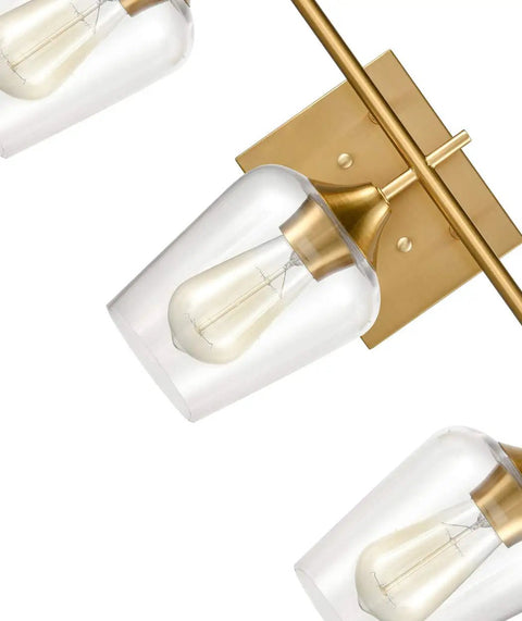Industrial Bathroom Vanity Lights 3 Light Wall Sconces With Clear Glass Shades And Gold Finish Mid Century Inspired Bath Vanity Lighting For Modern Homes, detailing close-up of gold fixture and clear glass shade.