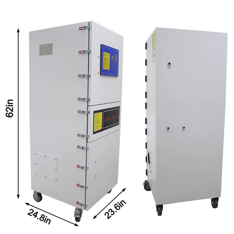 Heavy Duty Mobile Pulse Jet Dust Collector With Two Cartridges For Laser Cutting Grinding And CNC Metal Dust Collection, 2200 Cubic Meters Per Hour Airflow, 99.8 Percent Filtration, 2.2 kW Motor, 220V, showing dimensions
