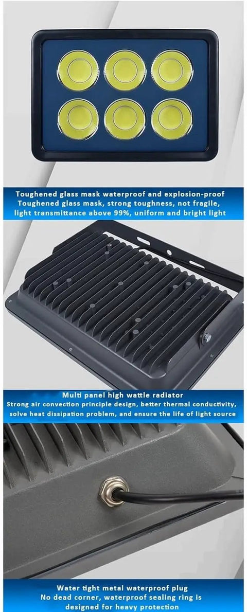 JUDYSSY Led Floodlight Outdoor 100-600W with toughened glass and aluminum heatsink for efficient cooling and waterproof design.