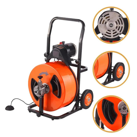 Electric Sewer Auger Auto Feed Knocks Out Clogs In Minutes with orange cable reel and foot pedal for easy operation.