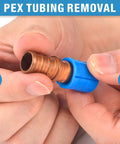 Pex Crimp Fitting Removal Tool for removing copper crimp rings, showing hand-held tool detaching copper fitting.